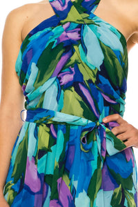 London Times - Floral Print Halter Neck Maxi Dress - blue - clothing - dresses