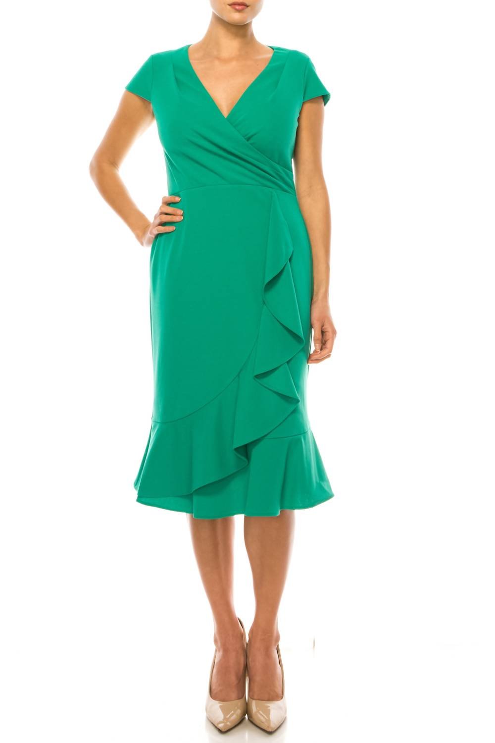 London Times - Surplice Neck Ruffle Drape Sheath Dress - clothing - dresses - green