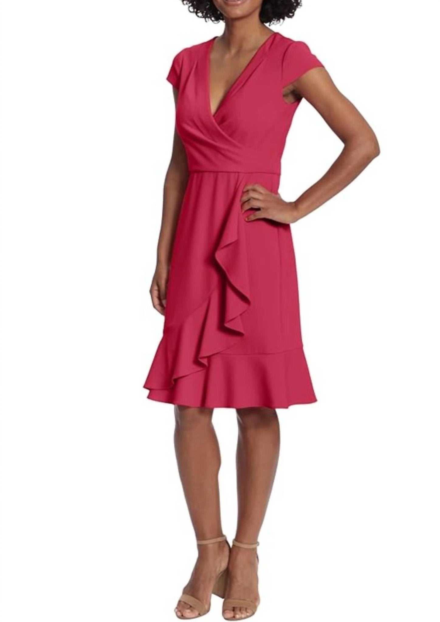 London Times - Surplice Neck Ruffle Skirt Sheath Dress - clothing - dresses - midi