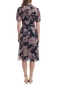 London Times - Twisted Keyhole Floral Midi Dress - blue - clothing - dresses