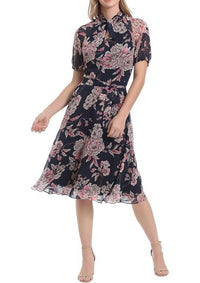 London Times - Twisted Keyhole Floral Midi Dress - blue - clothing - dresses