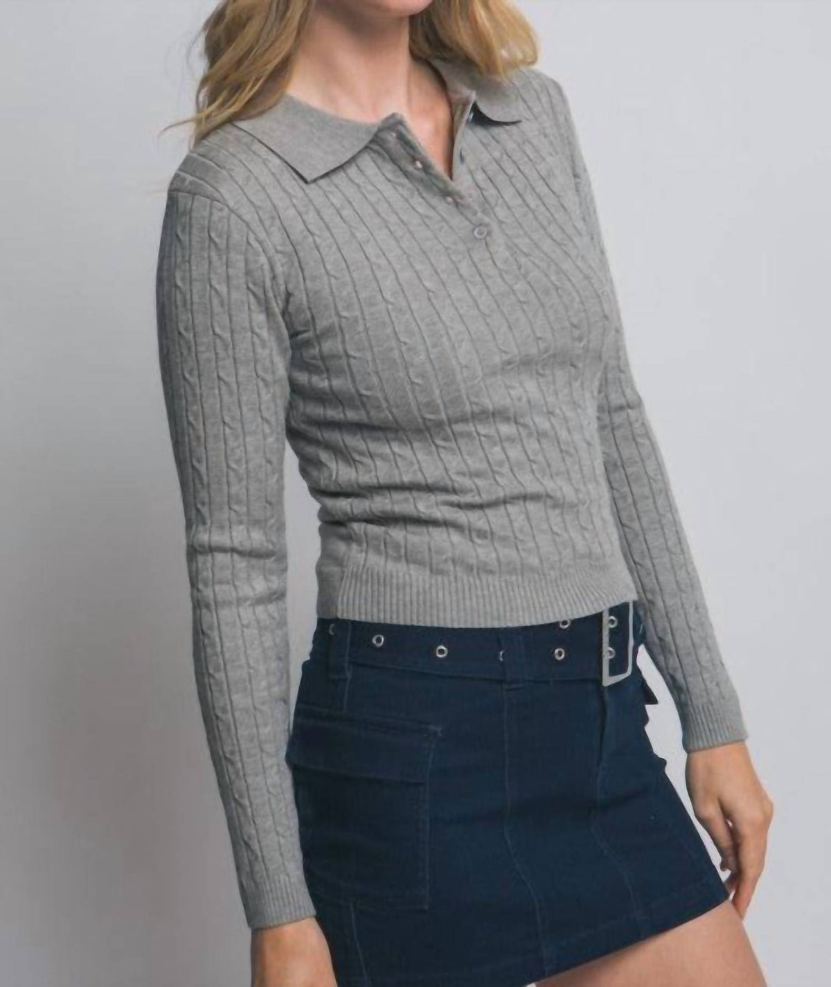 Love Tree - Cable Knit Polo Sweater Top