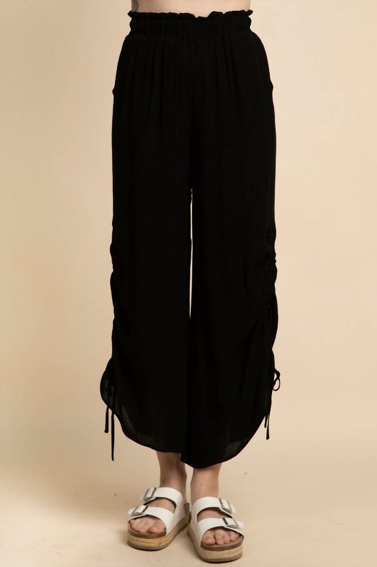 Loveriche - Side Ruched Ruffle Waist Pants