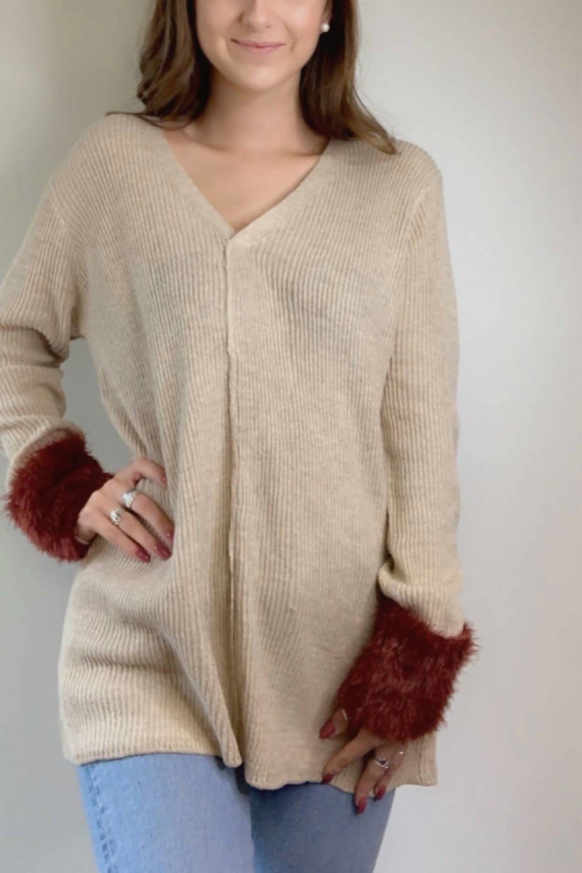 V Neck Sweater With Fur Accent Cuffs