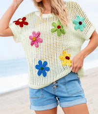 Lovesoft - Crochet Flower Hollow-out Sweater Tee