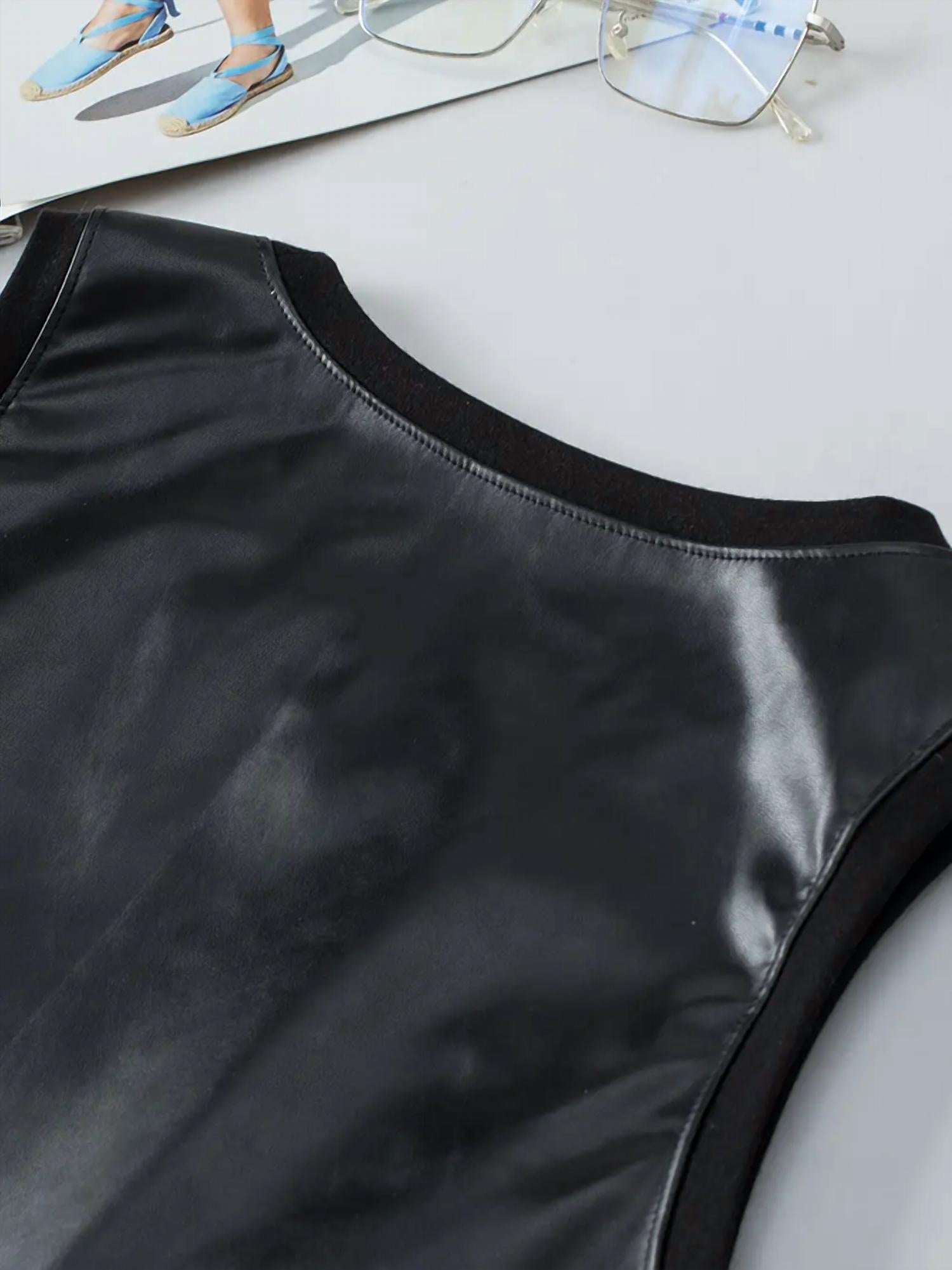 Lovesoft - Faux Leather Crew Neck Tank - black - clothing - solid