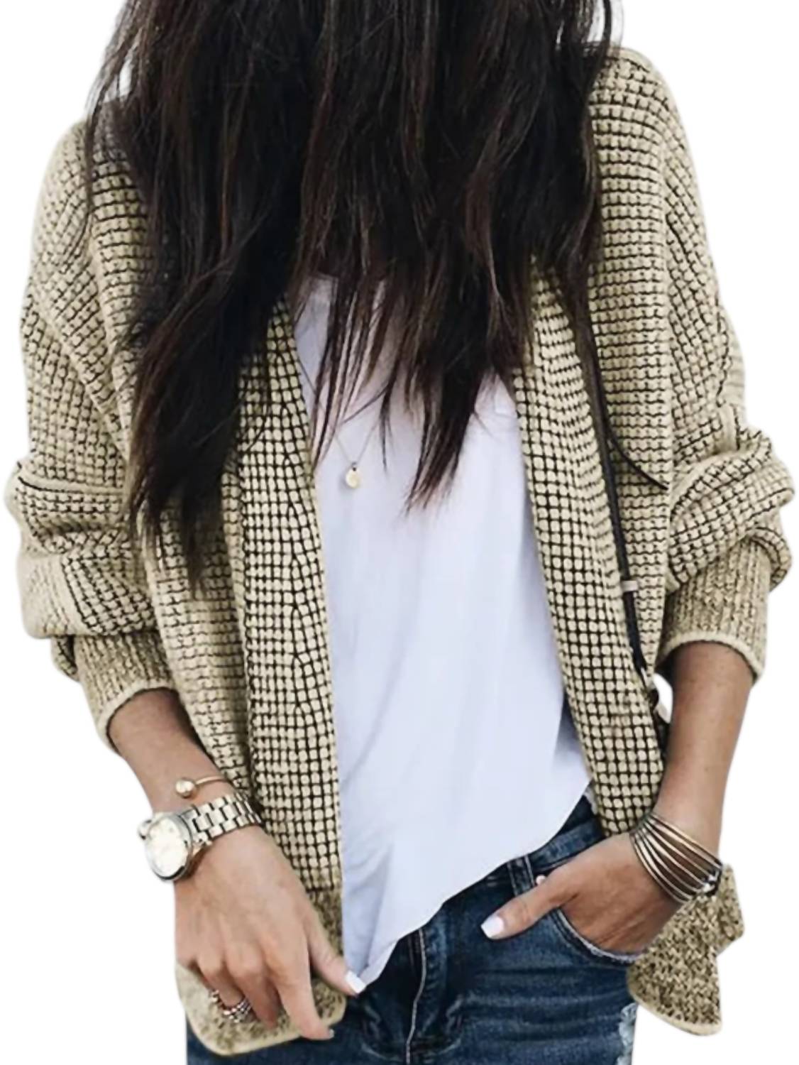 Lovesoft - Plaid Contrast Trim Cardigan - beige - cardigans - clothing