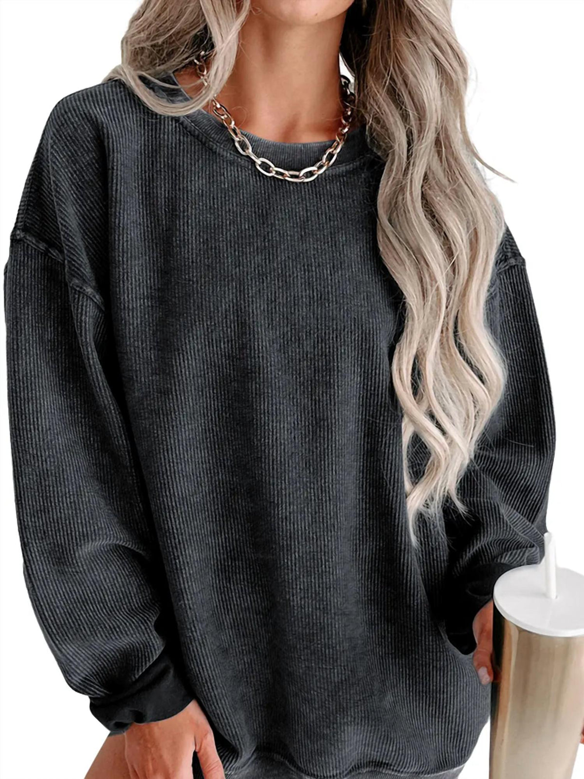 Lovesoft - Solid Ribbed Knit Pullover Sweatshirt