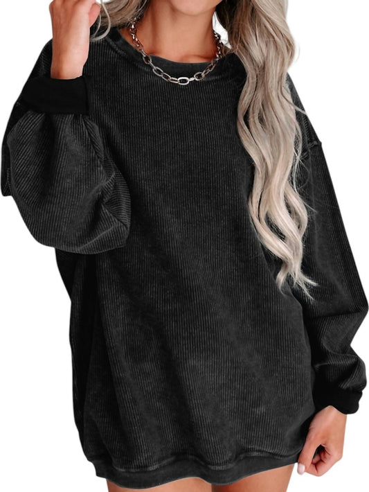 Lovesoft - Solid Ribbed Knit Pullover Sweatshirt - black - clothing - polyester