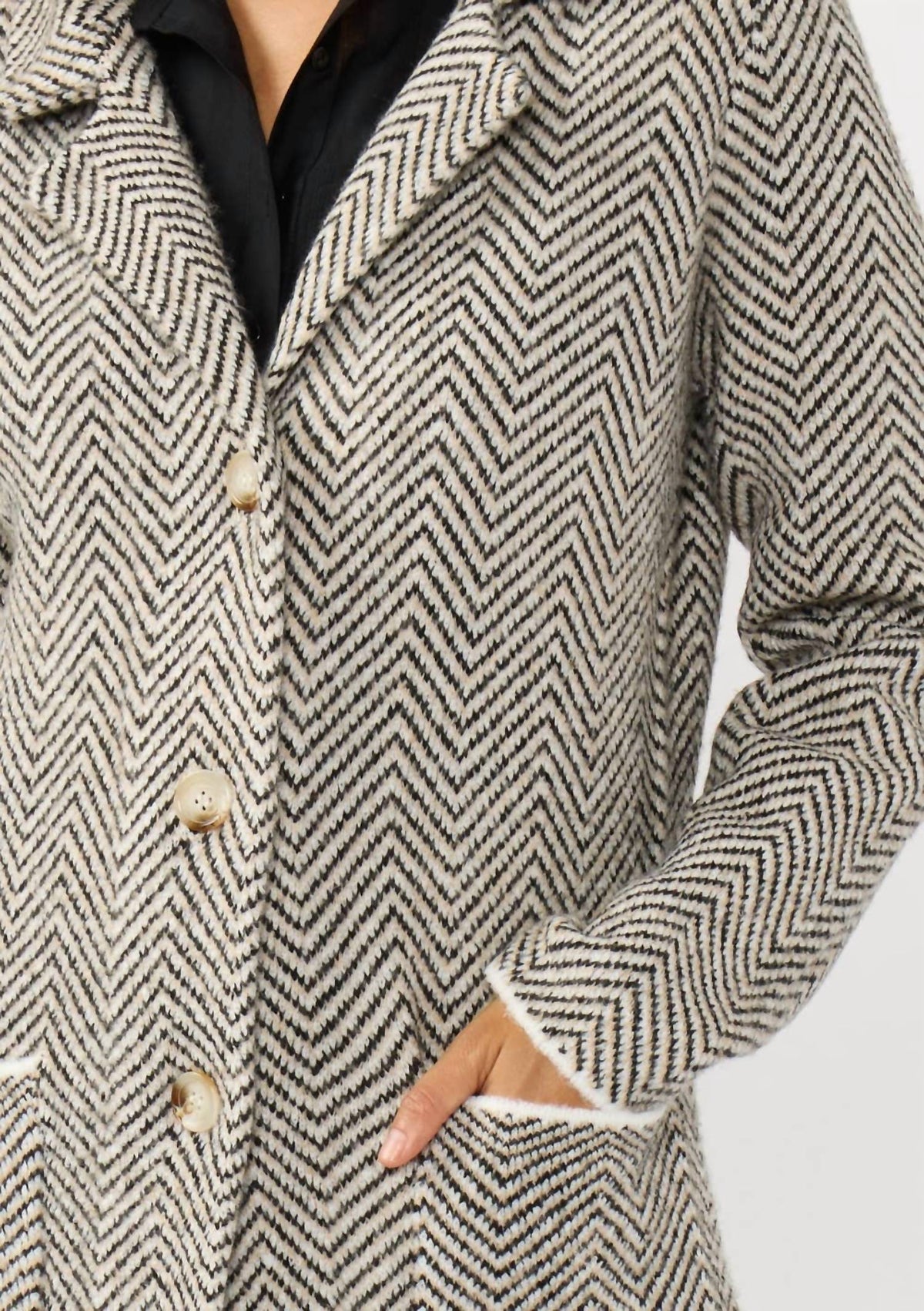 Lovestitch - Herringbone Long Sleeve Button Front Coatigan
