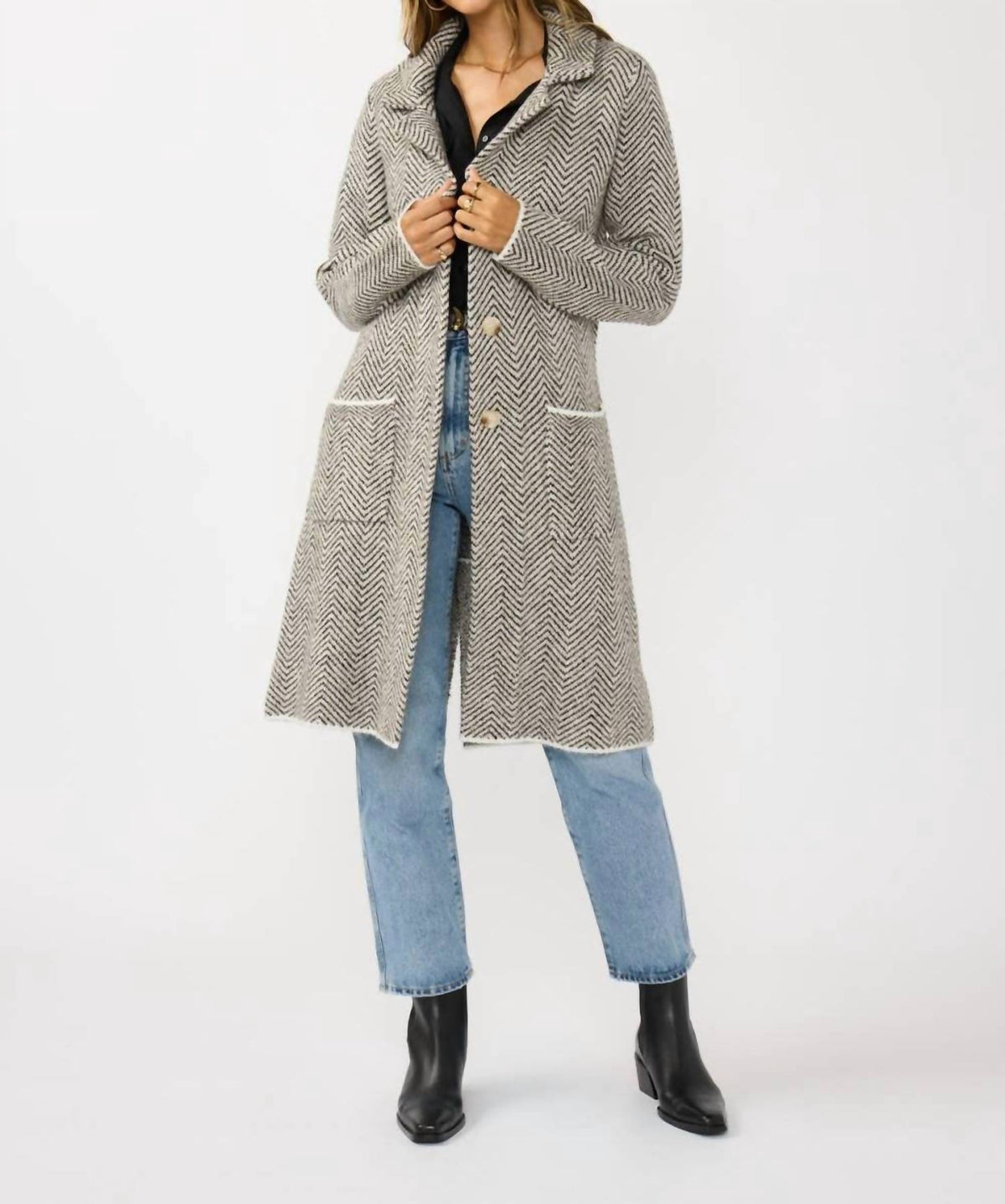 Lovestitch - Herringbone Long Sleeve Button Front Coatigan