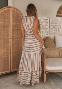 Lovestitch - Striped Surplice Tiered Maxi Dress - beige - clothing - dresses
