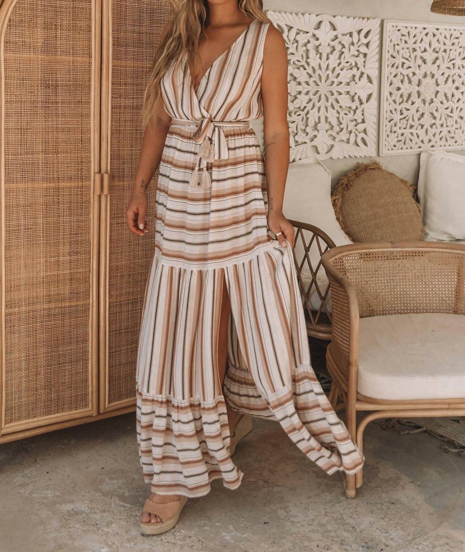 Lovestitch - Striped Surplice Tiered Maxi Dress - beige - clothing - dresses