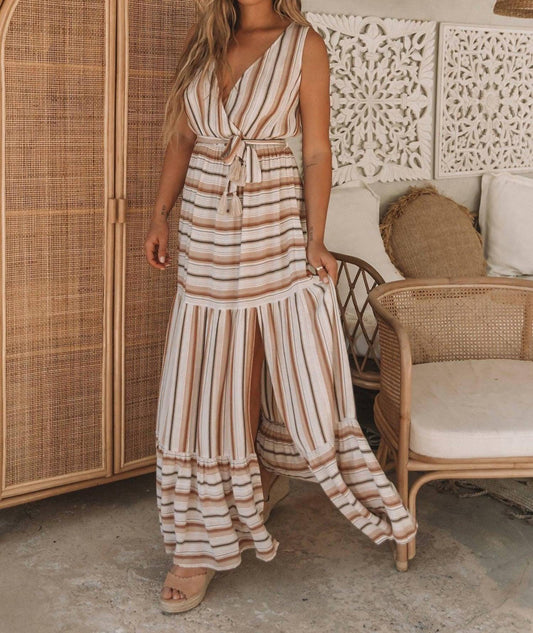 Lovestitch - Striped Surplice Tiered Maxi Dress - beige - clothing - dresses