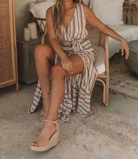 Lovestitch - Striped Surplice Tiered Maxi Dress - beige - clothing - dresses