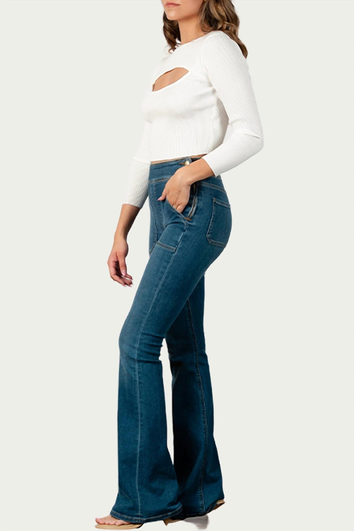 CUTOUT RIBBED STRETCH-KNIT TOP