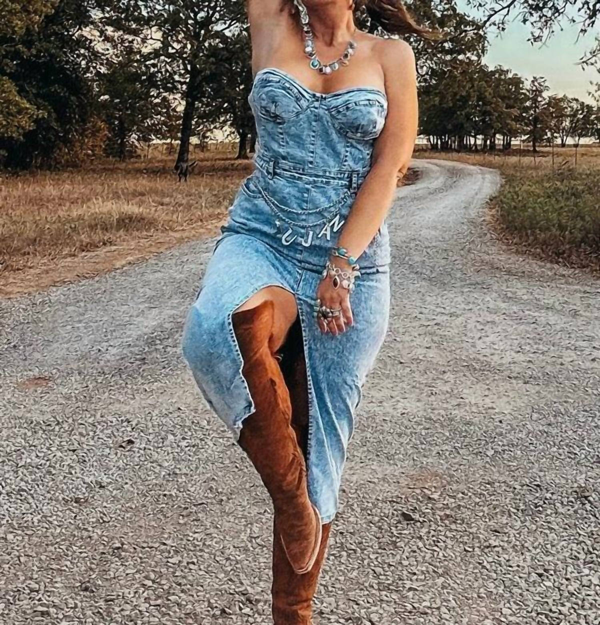 Lucky & Blessed - Strapless Denim Dress with Slit