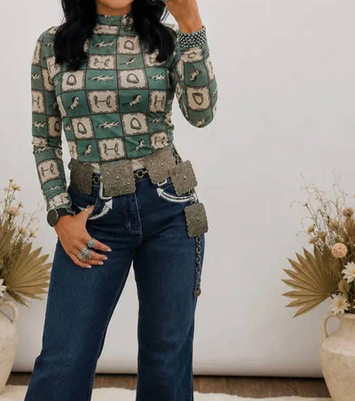 Lucky & Blessed - Checked Mesh Long Sleeved Top