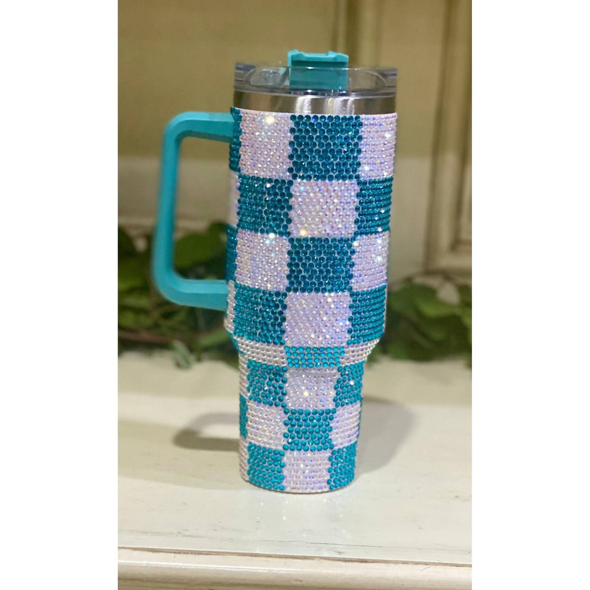 Lucky & Blessed - Women's Checkered Rhinestone Tumbler