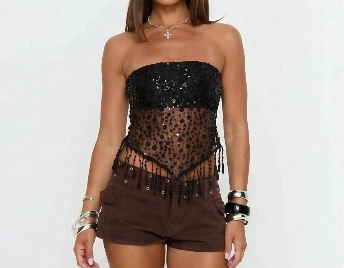 Lyonlee - Sequin Mesh Fringe Tube Top