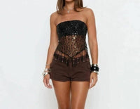 Lyonlee - Sequin Mesh Fringe Tube Top