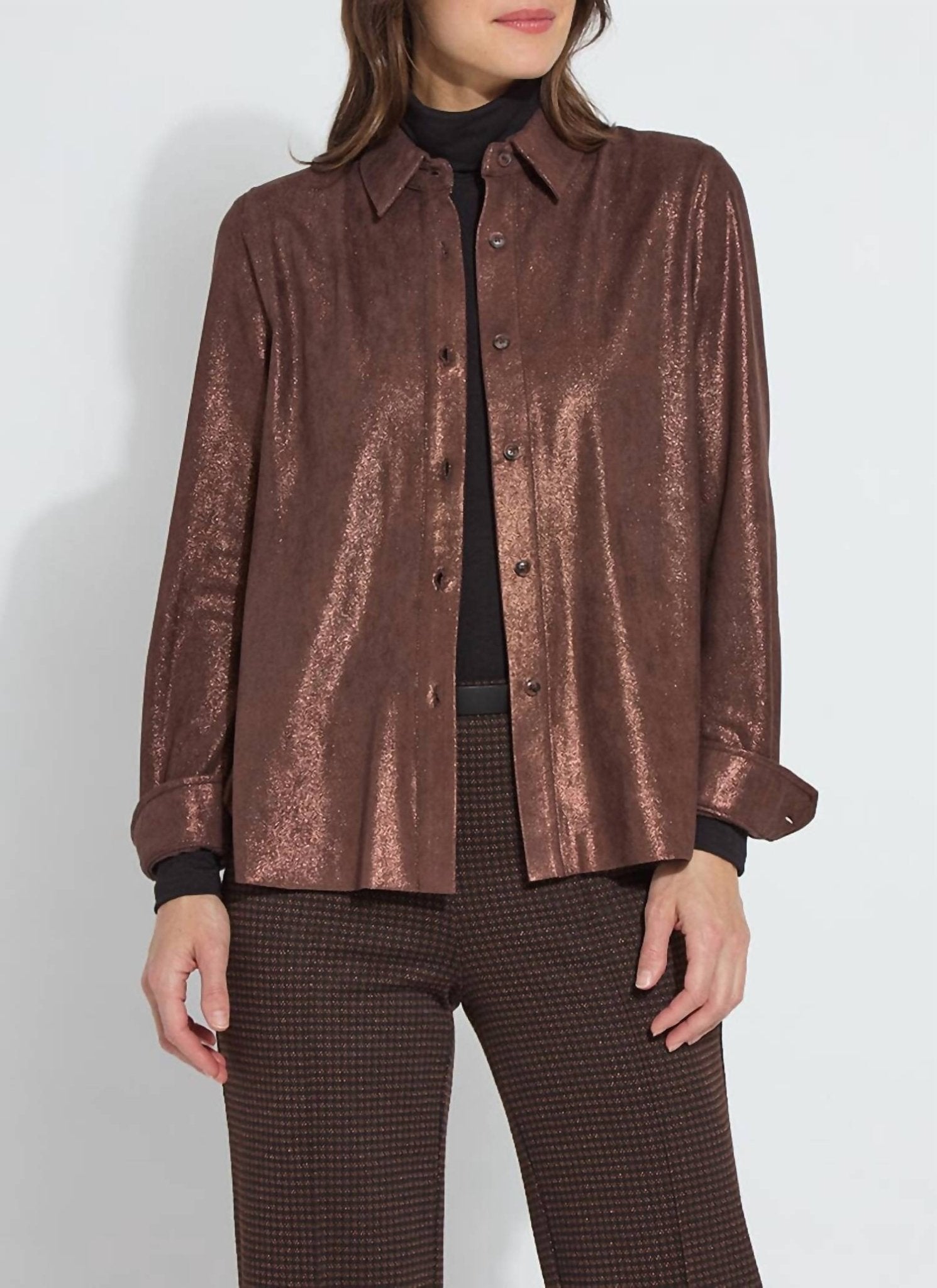 Lysse - Connie Patent Foil Vegan Suede Shacket - brown - button - down - shirts - clothing