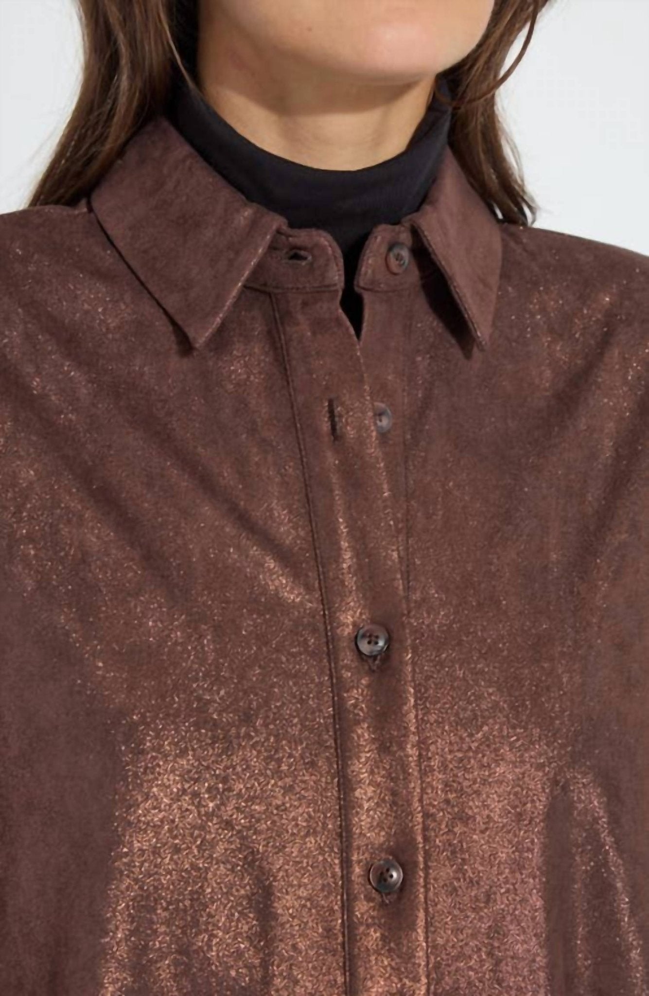 Lysse - Connie Patent Foil Vegan Suede Shacket - brown - button - down - shirts - clothing