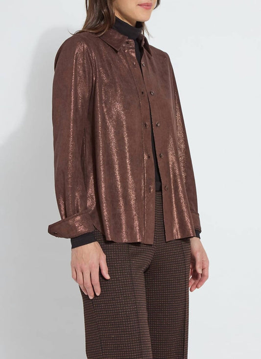 Lysse - Connie Patent Foil Vegan Suede Shacket - brown - button - down - shirts - clothing