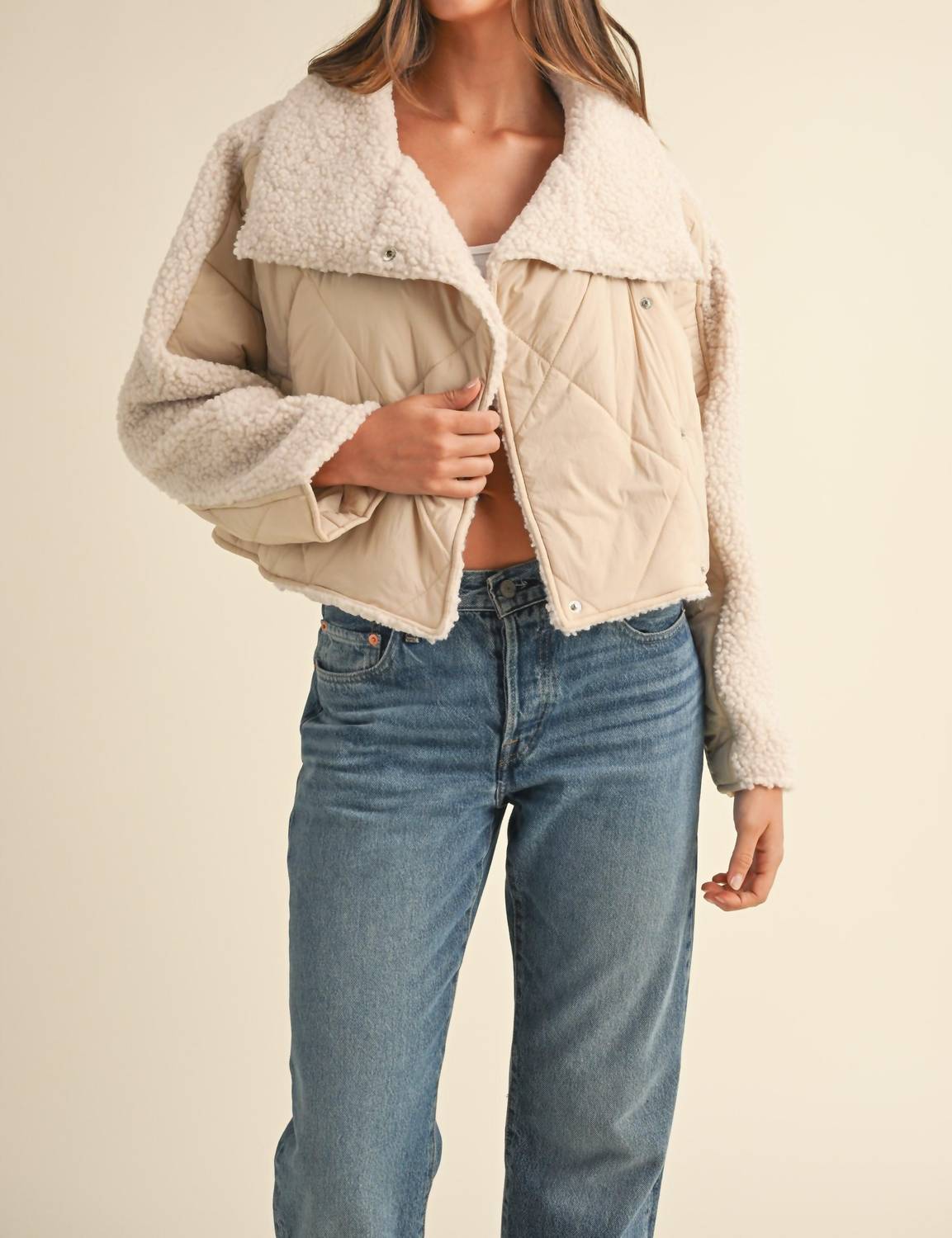 Mabel - Kelly Oversized Fluffy Shearling Jacket - beige - clothing - coats