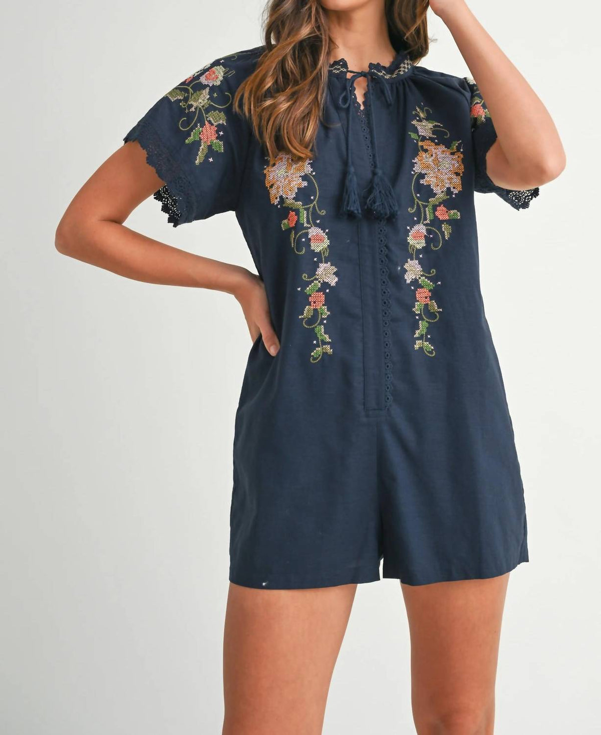 Mable - Calypso Embroidered Short Sleeve Romper