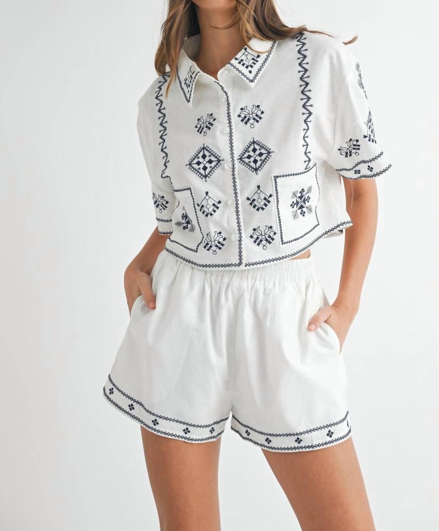 Mable - Embroidered Button Cropped Set - clothing - crop - tops - patterned