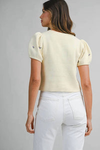 Mable - Embroidered Puff Sleeve Knit Top