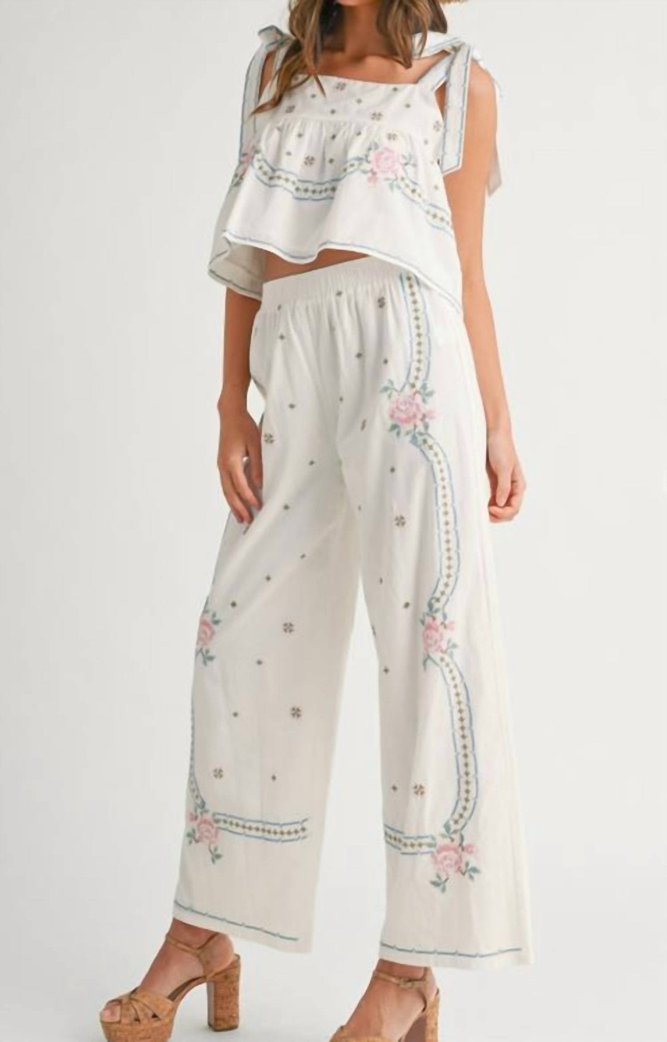 Mable - Embroidered Tie Strap Top & Pants Set Of 2 - clothing - crop - tops - patterned