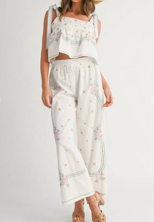 Mable - Embroidered Tie Strap Top & Pants Set Of 2 - clothing - crop - tops - patterned