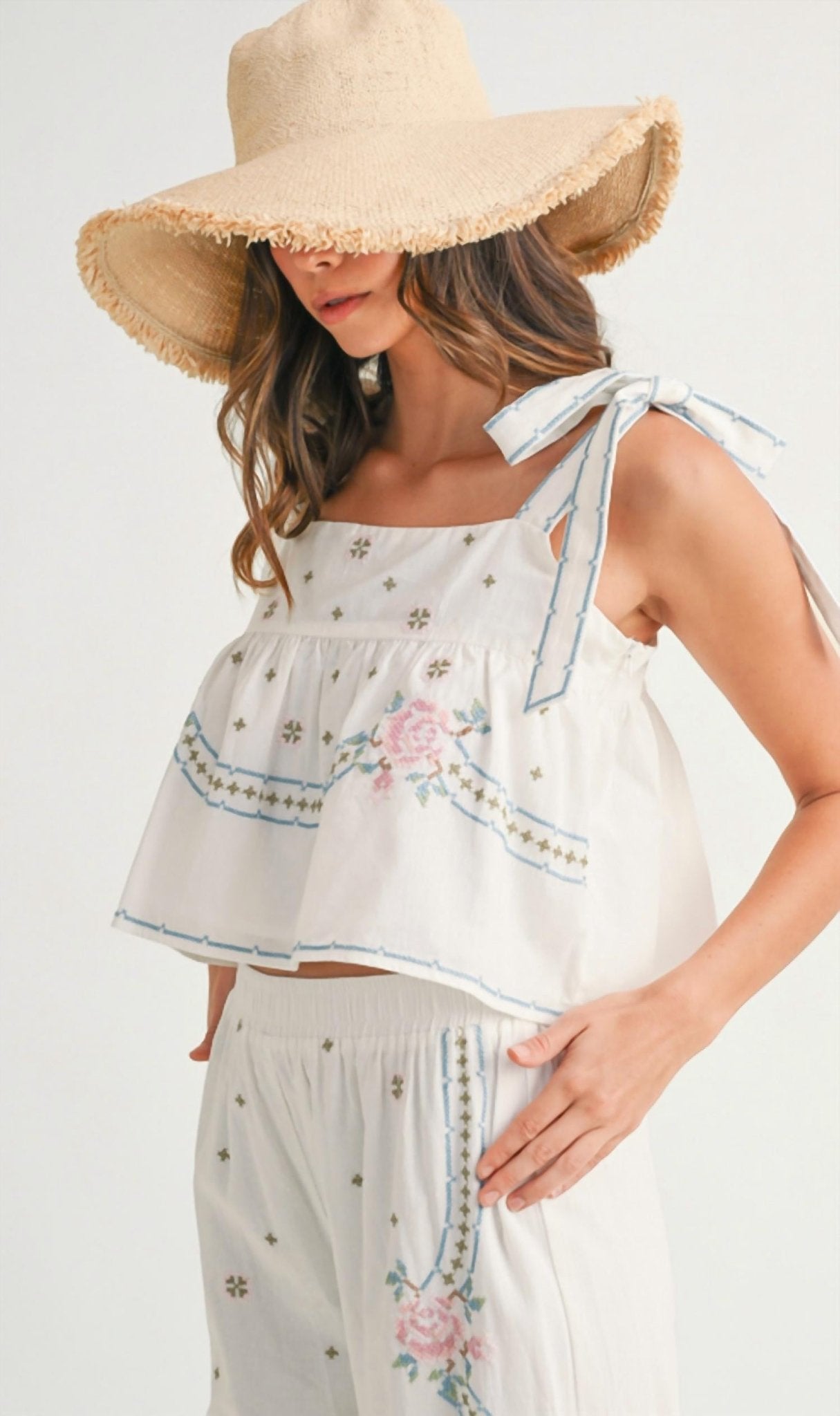 Mable - Embroidered Tie Strap Top & Pants Set Of 2 - clothing - crop - tops - patterned