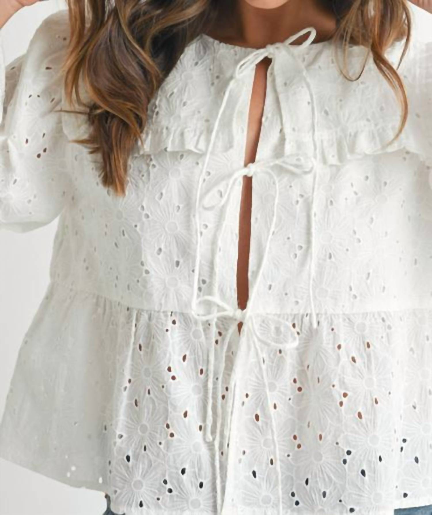 Mable - Eyelet Cropped Square Neck Top - blouses - clothing - rayon