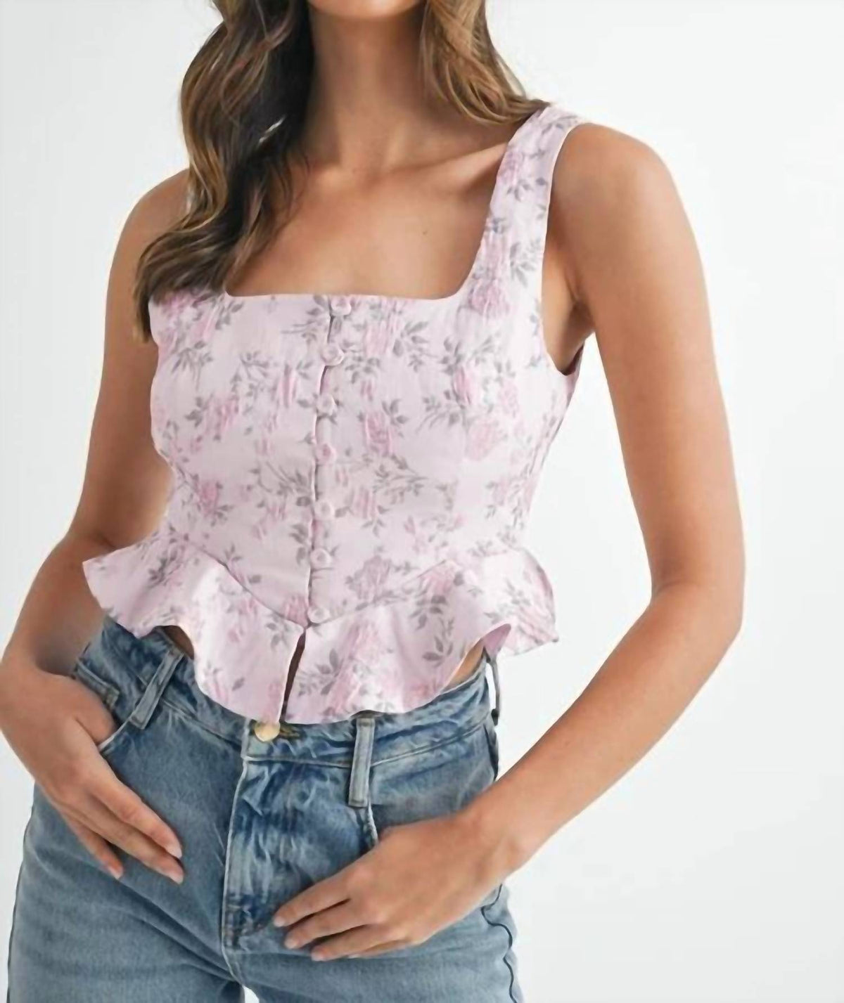 Mable - Floral Jacquard Peplum Crop Top