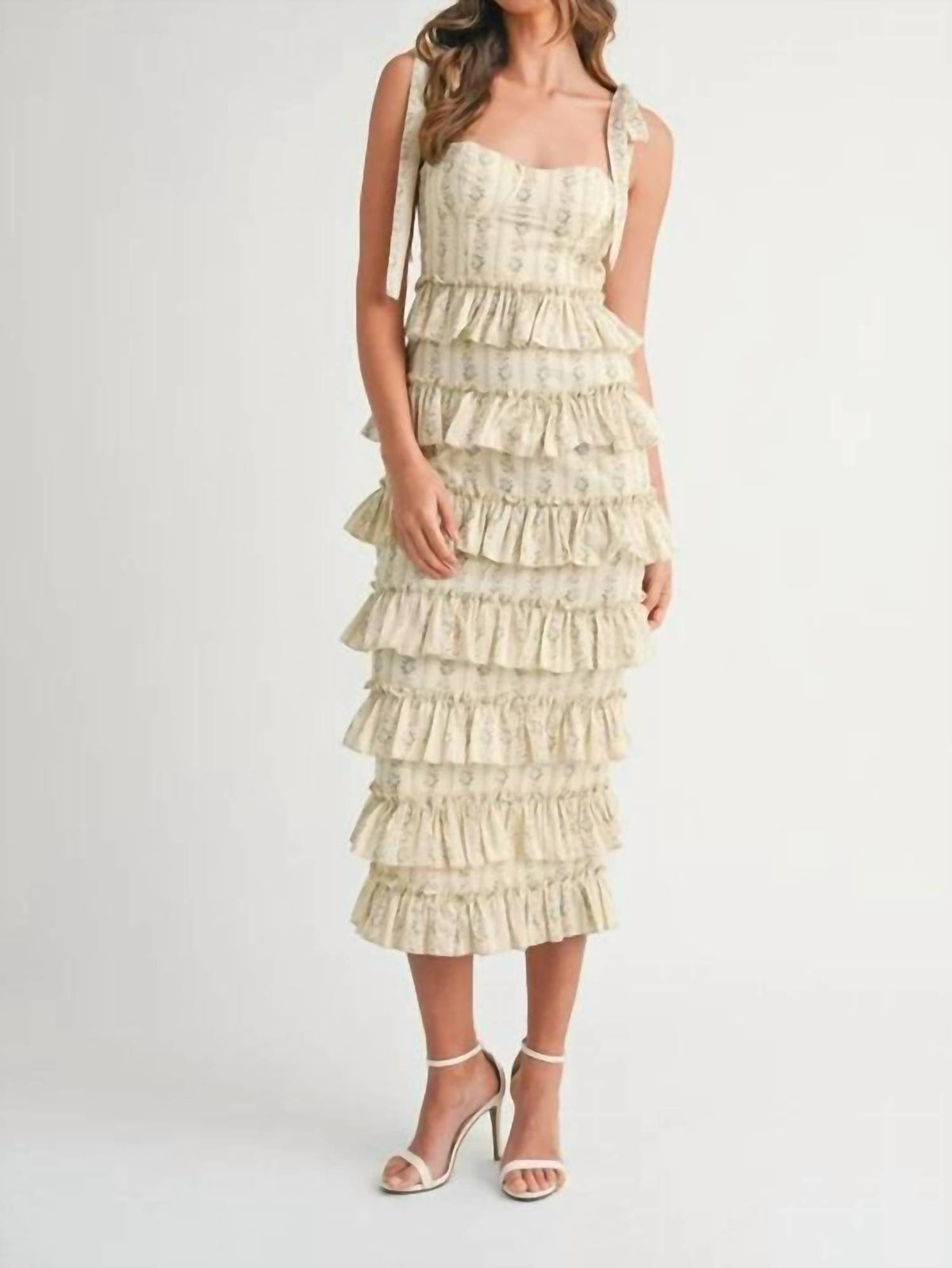 Mable - Floral Print Ruffle Tiered Bustier Midi Dress