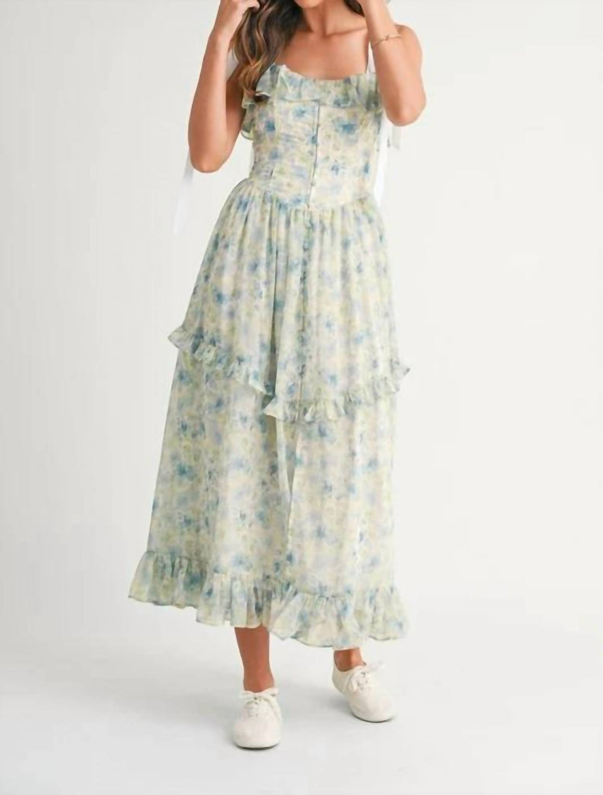 Mable - Floral Printed Shoulder Strap Midi Dress