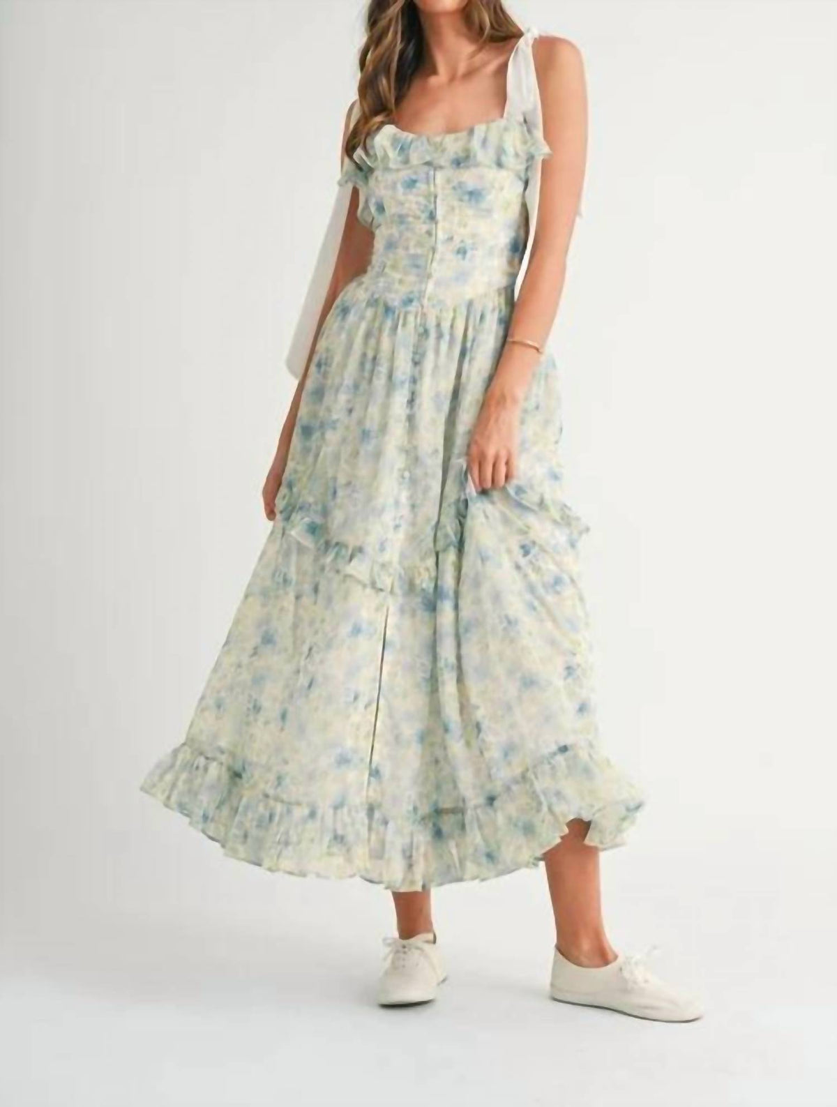 Mable - Floral Printed Shoulder Strap Midi Dress