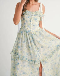 Mable - Floral Printed Shoulder Strap Midi Dress