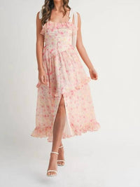 Mable - Floral Printed Shoulder Strap Midi Dress