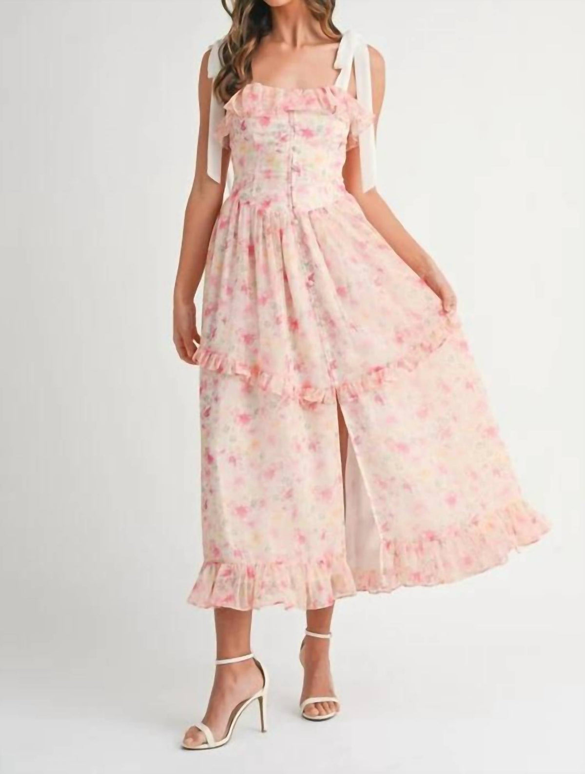 Mable - Floral Printed Shoulder Strap Midi Dress