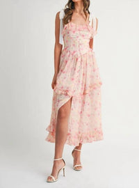Mable - Floral Printed Shoulder Strap Midi Dress