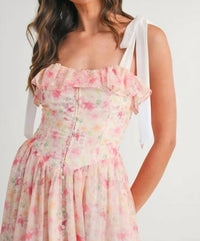 Mable - Floral Printed Shoulder Strap Midi Dress