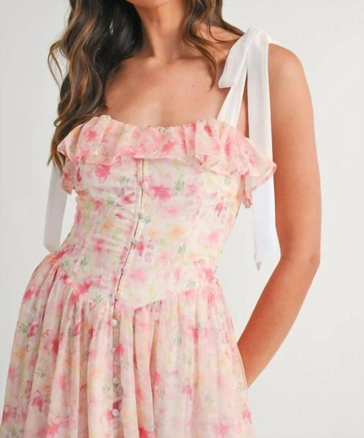 Mable - Floral Printed Shoulder Strap Midi Dress