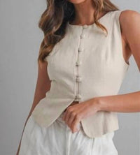 Mable - Linen Button Front Back Lace Up Vest