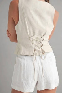 Mable - Linen Button Front Back Lace Up Vest