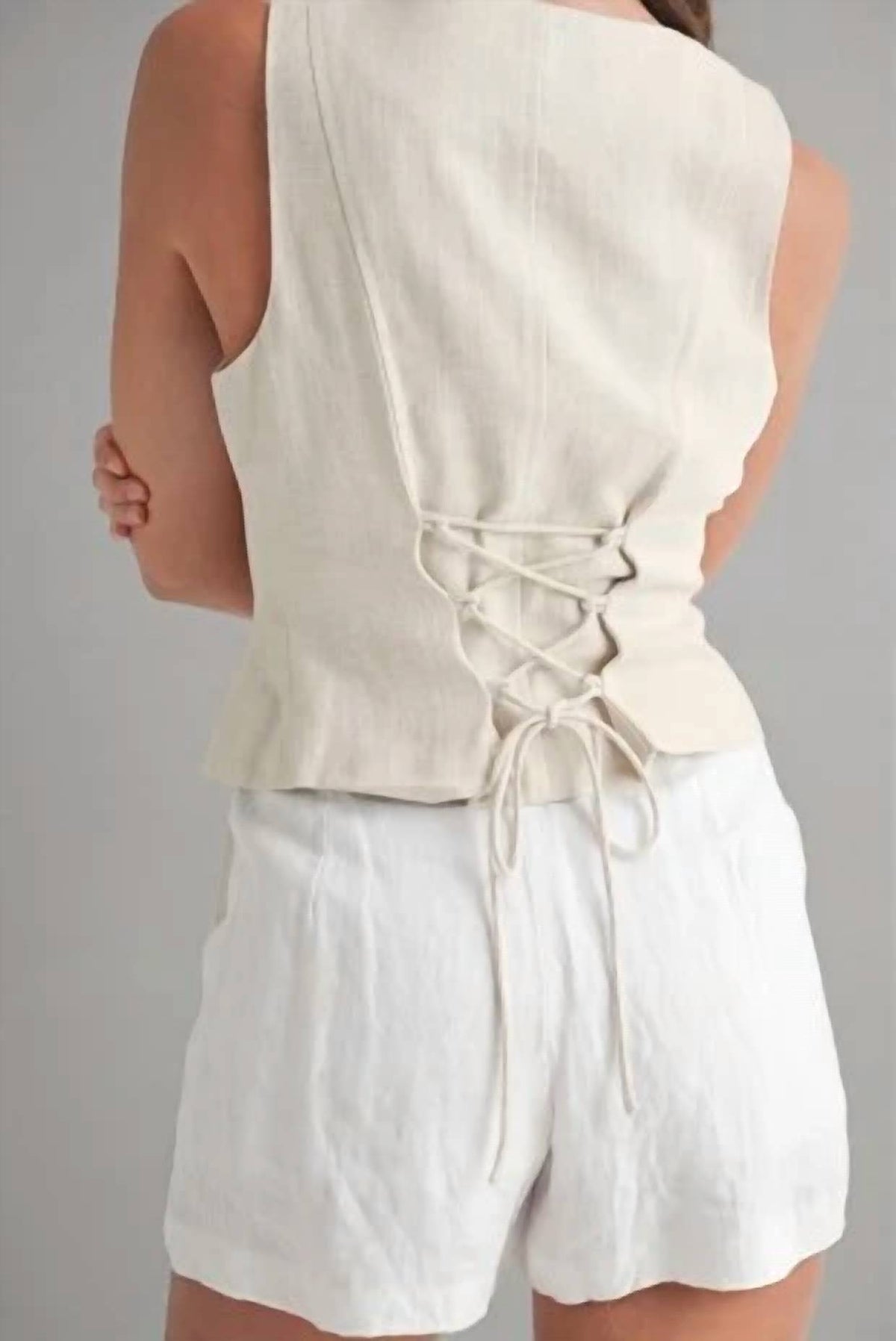 Mable - Linen Button Front Back Lace Up Vest