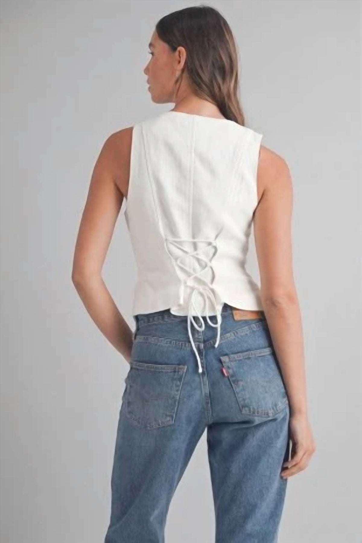 Mable - Linen Button Front Back Lace Up Vest